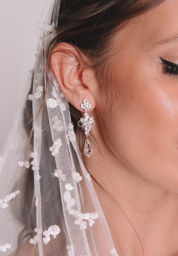 Vinka Design Bridal Accessories - Bridal earrings - Alessia - available from Vinka Design Auckland bridal store. Crystal drop earrings worn with veil