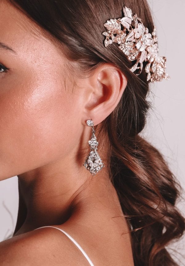 Vinka Design Bridal Accessories - Bridal Earrings - Raine - available from Vinka Design Auckland bridal store. Zirconia drop earrings worn with headpiece