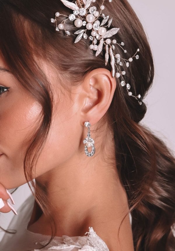 Vinka Design Bridal Accessories - Bridal Earrings - Victoria - available from Vinka Design Auckland bridal store. horse shoe earrings worn with headpiece