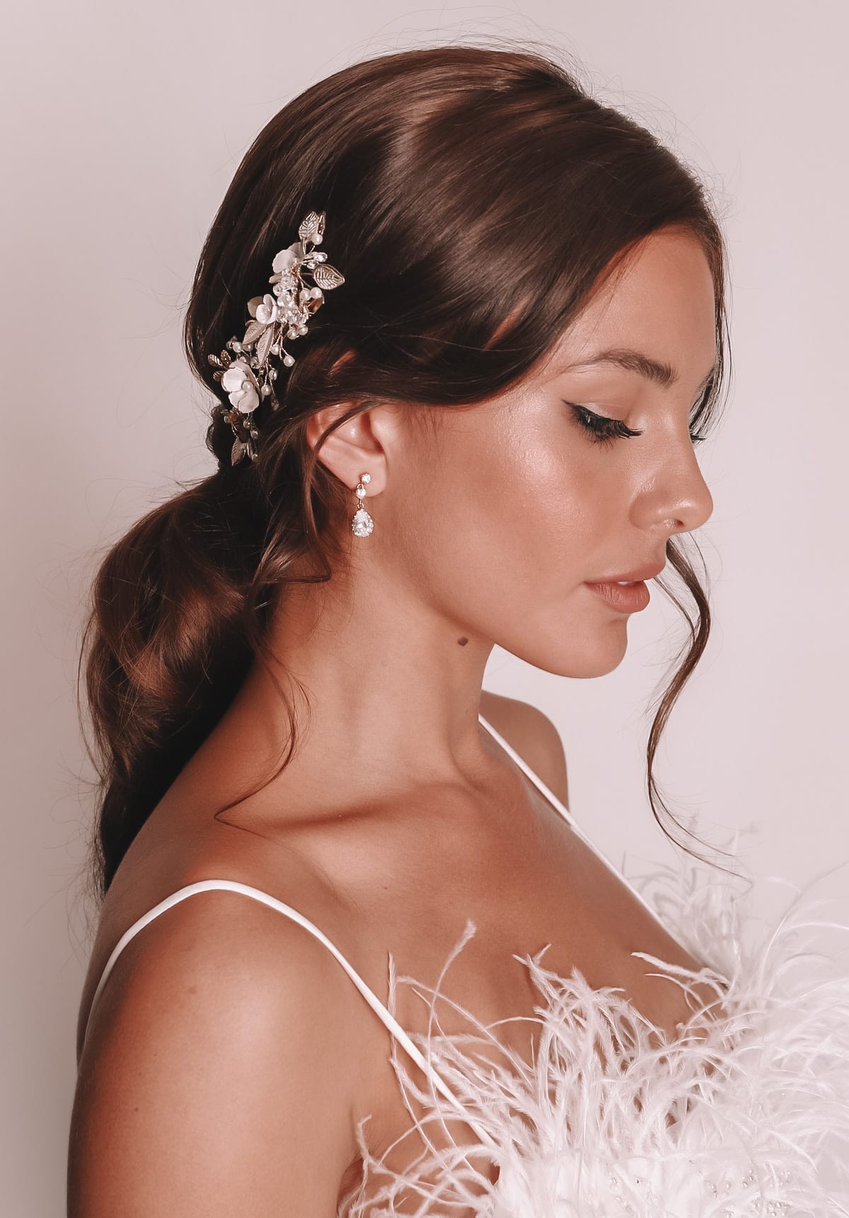 Vinka Design Bridal Accessories - Bridal earrings - available from Vinka Design Auckland bridal store. Simle drop earrings worn with headpiece
